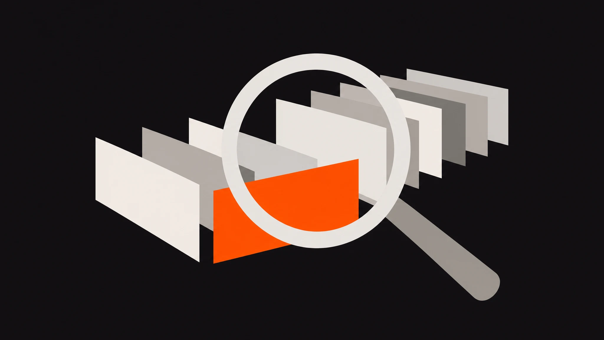A large ivory magnifying glass over a staggered row of blank ivory and grey cards, with one card solid orange, on a charcoal ground