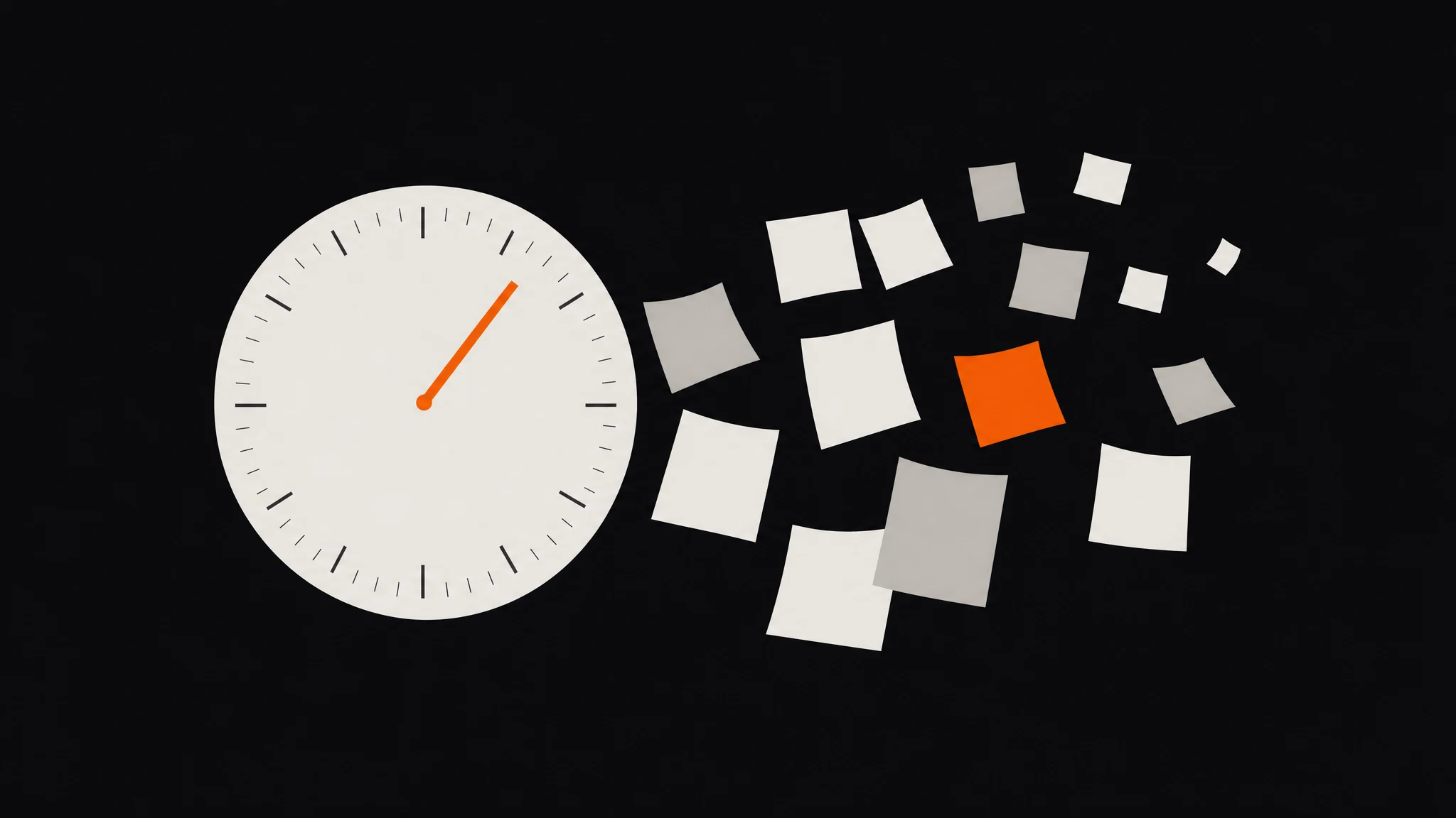 Flat ivory clock disc with an orange minute hand, calendar squares drifting off the dial, one square solid orange, on a charcoal ground